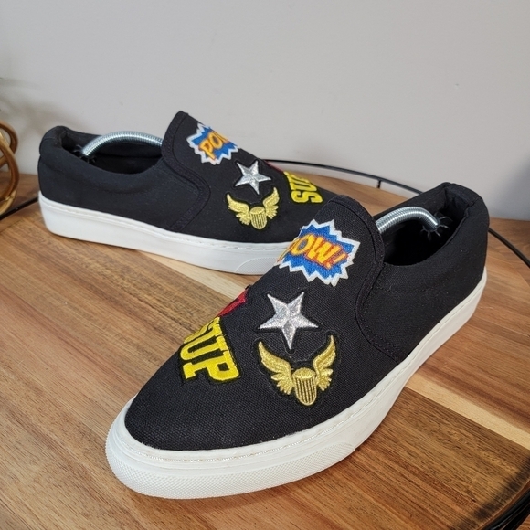 Soda Black Canvas Slip On Sneakers with Embroidered Patches Size 9 - Picture 4 of 15